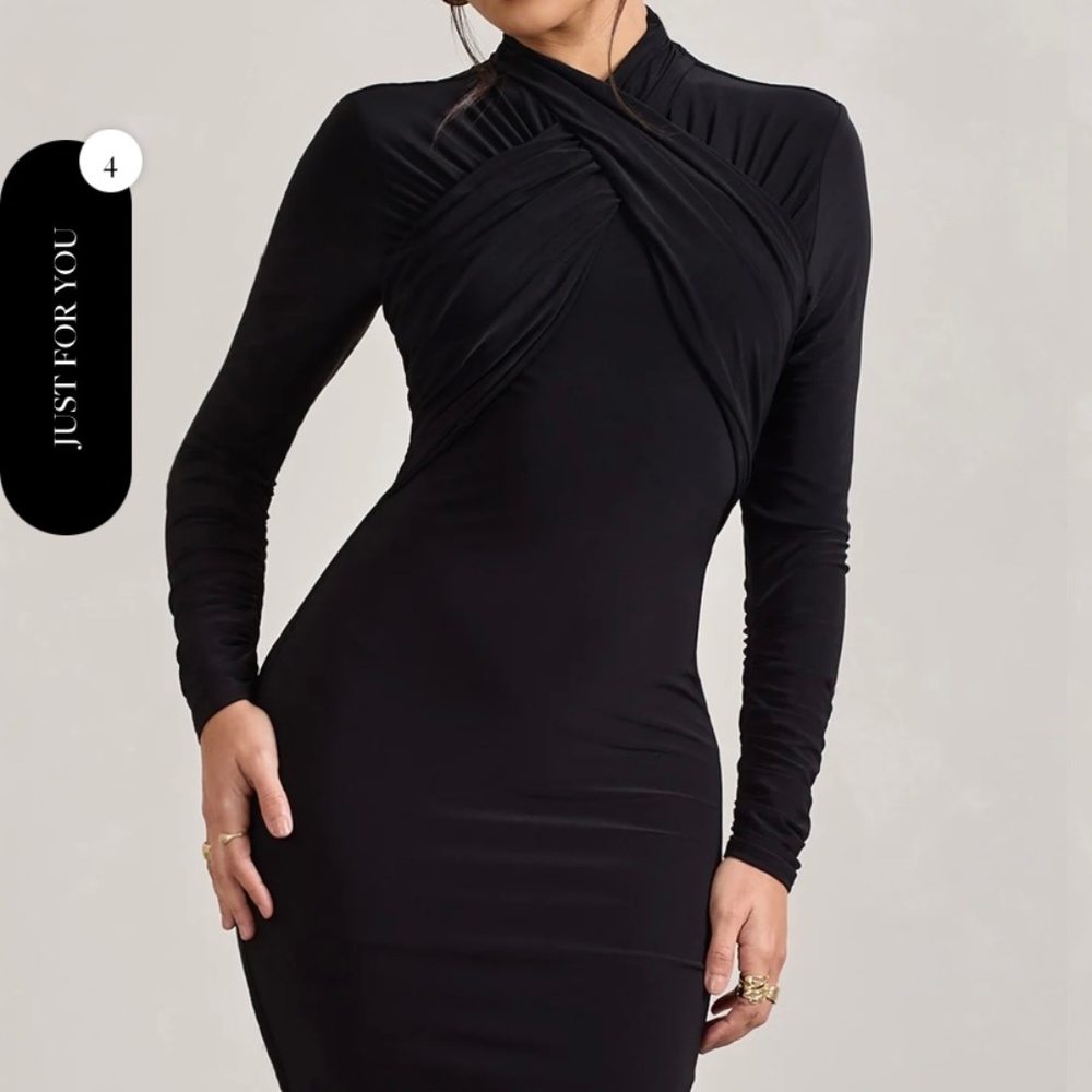 Club L London "Eve" Crossed-Neck Long-Sleeved Bodycon Mini Dress